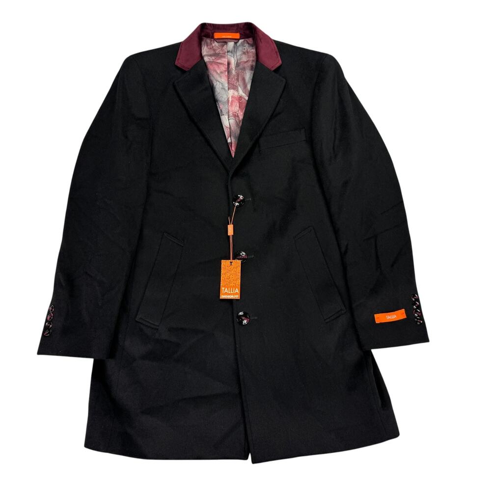 Tallia Mens Wool Blend Velvet Contrast Top Collar Overcoat Black S